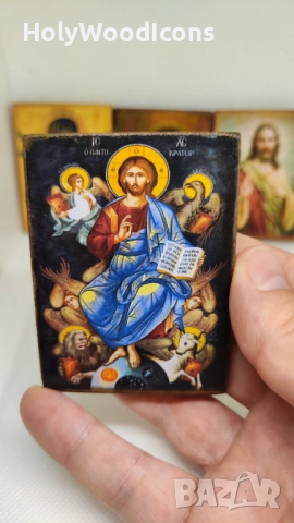 Икона Христос Пантократор с евангелистите – дървена икона с магнит 8x6см, снимка 3 - Икони - 52867194