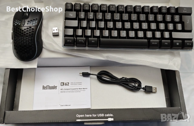 Комплект безжична геймърска клавиатура и мишка RedThunder K62, 60%, презареждаща се, многоцветна, снимка 2 - Клавиатури и мишки - 53517824