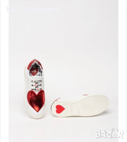 Love Moschino, Кожени спортни обувки със сърцевидна апликация, Бял/Червен, снимка 3 - Дамски ежедневни обувки - 34741732