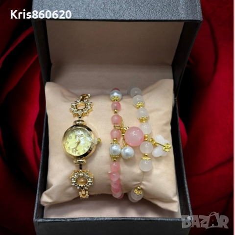 Елегантен дамски комплект аксесоари - часовник с камъни цирконии и 2 броя гривни с естествени камъни, снимка 5 - Дамски - 44535989