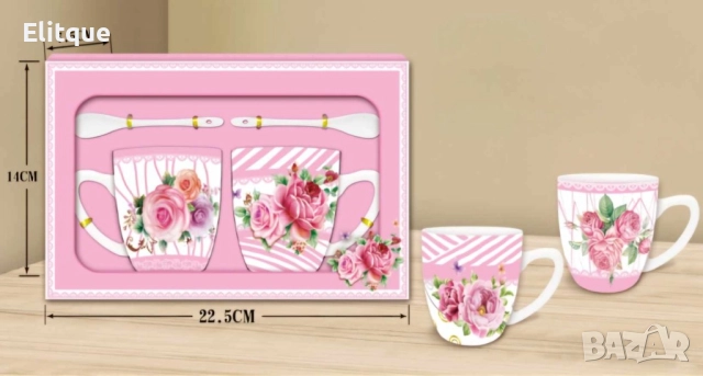 Порцеланов комплект 2 чаши с 2 лъжици, снимка 5 - Чаши - 52861449