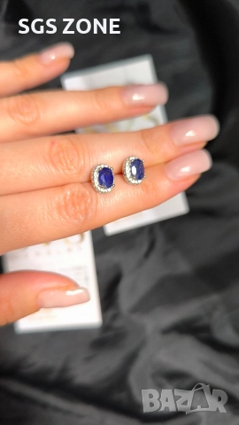 Сребърни обеци със син сапфир, снимка 3 - Обеци - 52871633