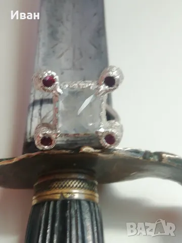 Сребърен пръстен със Сапфир и Рубини , снимка 3 - Пръстени - 45836746