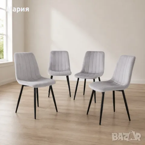 Комплект от 4 броя трапезни стола от сиво кадифе и черни метални крака, до 120кг, снимка 6 - Столове - 55706386