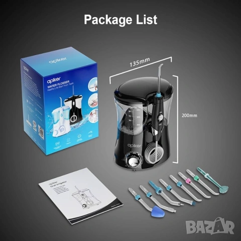 Професионален зъбен душ Apiker – 10 степени, 8 накрайника, 600 мл, снимка 9 - Други - 53450760