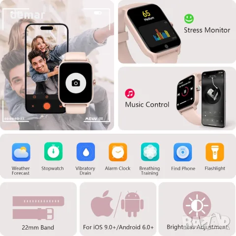 Смарт часовник за жени, отговаряне/осъществяване на повиквания, вградена Alexa, 1,8" HD екран, IP68, снимка 7 - Смарт часовници - 49623104