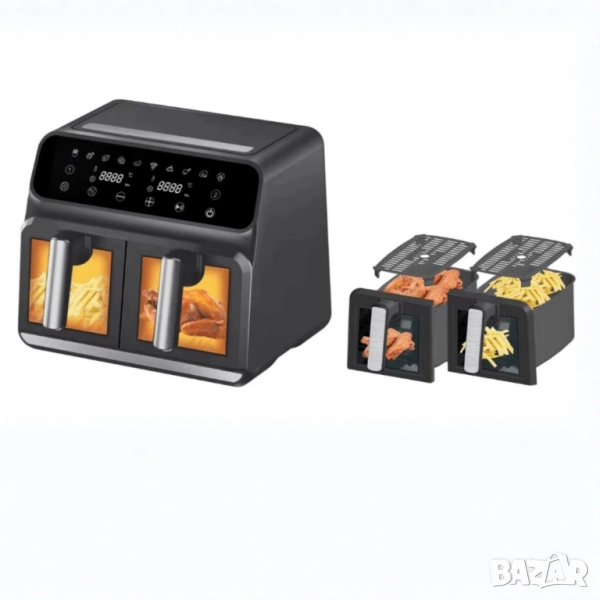 Двоен фритюрник Air Fryer, работещ  без олио, 8L, цифров дисплей, технология за интелигентно разпозн, снимка 1