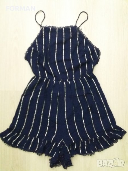 УНИКАЛЕН ТЪМНОСИН тъничък гащеризон в сребристо райе с отворен гръб, снимка 1