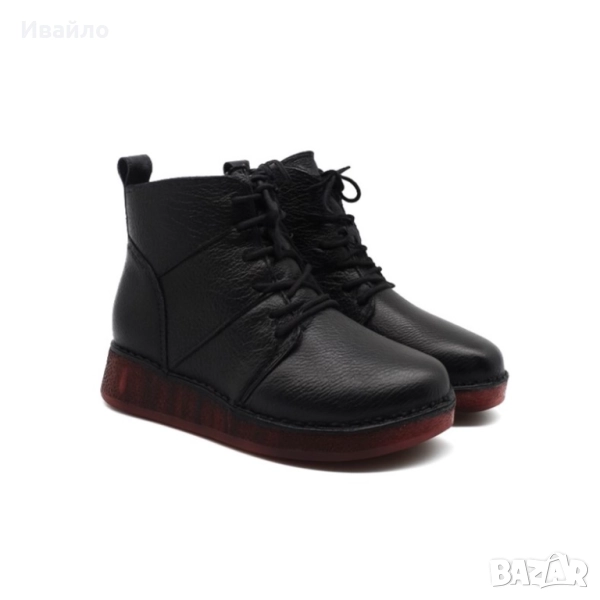 Дамски черни боти от естествена кожа с връзки и цип, снимка 1