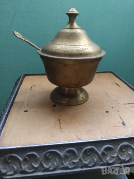 стара бронзова захарница с лъжичка, снимка 1
