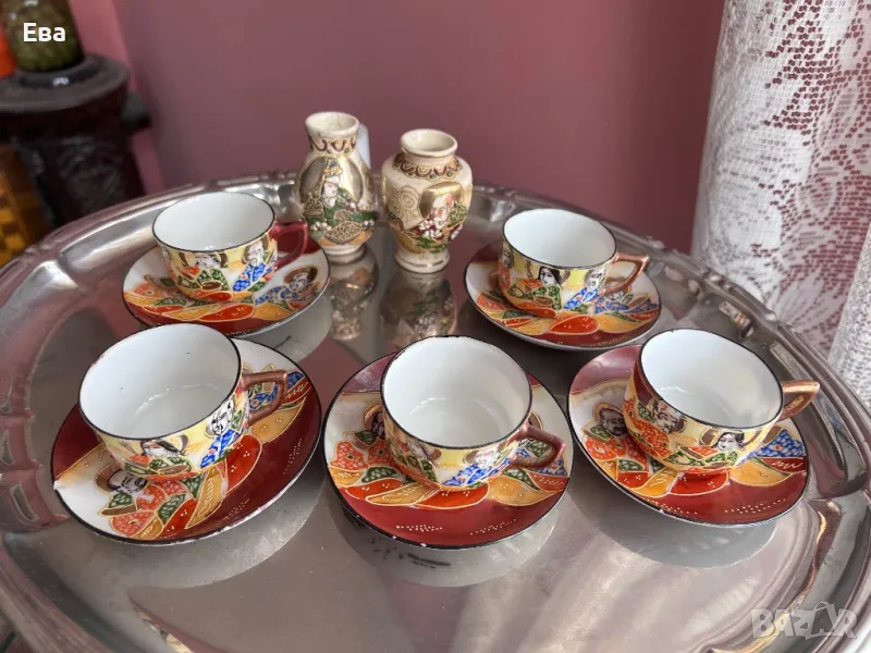Сервиз от 5 сета за късо кафе стил Сатсума, ръчно рисувани, снимка 1