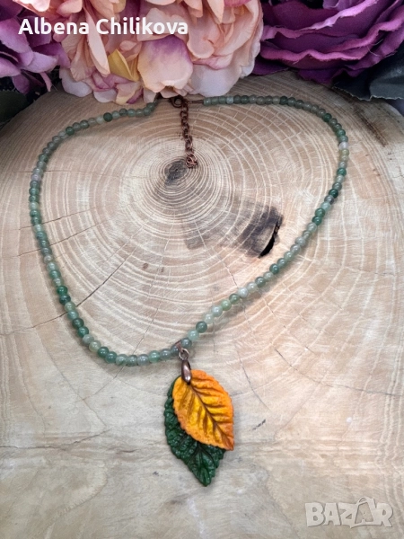 Колие от зелен авантюрин и листа от полимерна глина, снимка 1