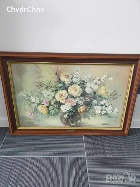 Голяма картина маслен принт върху платно/натюрморт ваза с цветя/дървена рамка 93х63см/Frohlich, снимка 1