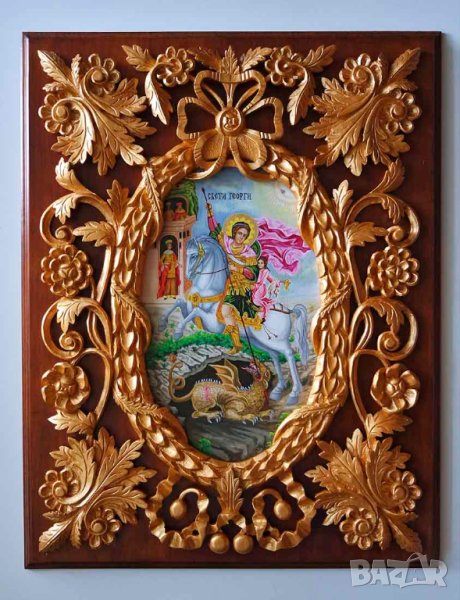 Икона ”Свети Георги убива змея”, иконопис, дърворезба , снимка 1