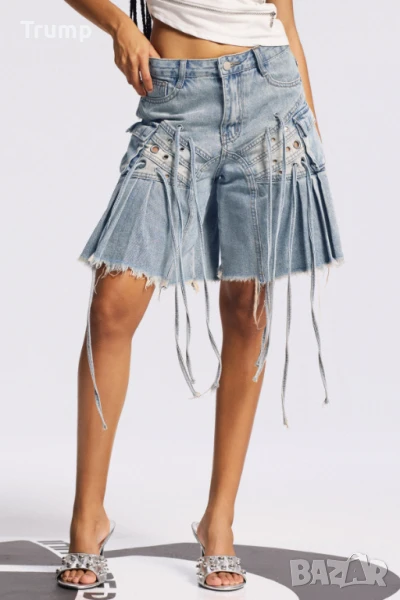 Хит!!! Дънки миди с ресни и волани светло синьо, деним, снимка 1