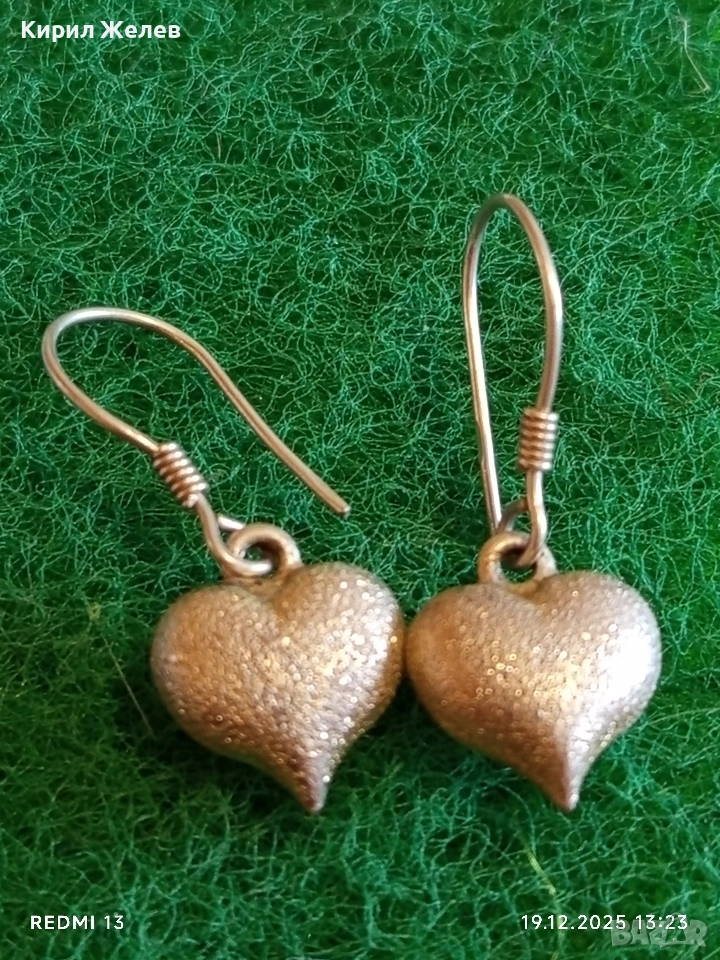 Елегантни сребърни обеци във формата на сърце цвят шампанско ювелирна изработка 36402, снимка 1