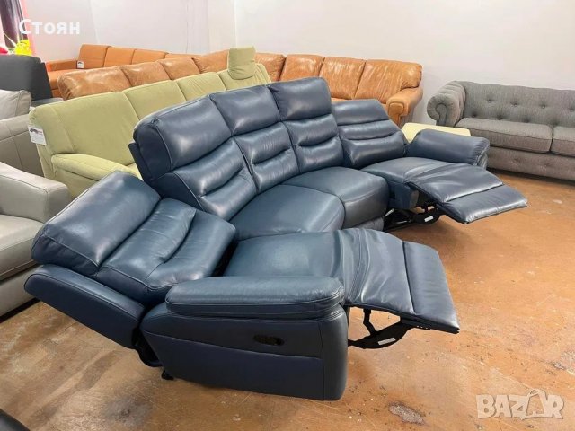 Син кожен извит диван четворка с ръчен релаксиращ механизъм, снимка 3 - Дивани и мека мебел - 39973097