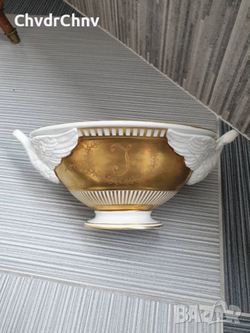 Dresden фруктиера 31см-2кг/Дрезден стара немска порцеланова купа с дръжки-лебеди, снимка 2 - Вази - 53506505