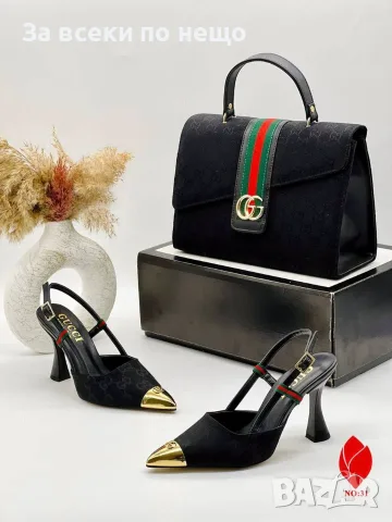 Gucci Дамски Елегантни Обувки С Ток Монограм Каишка И Метален Златен Връх - 2 Цвята Код SEM-719, снимка 4 - Дамски обувки на ток - 55972605