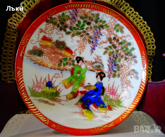 Чаша с чиния японски порцелан,злато,печат. , снимка 2 - Антикварни и старинни предмети - 53658978