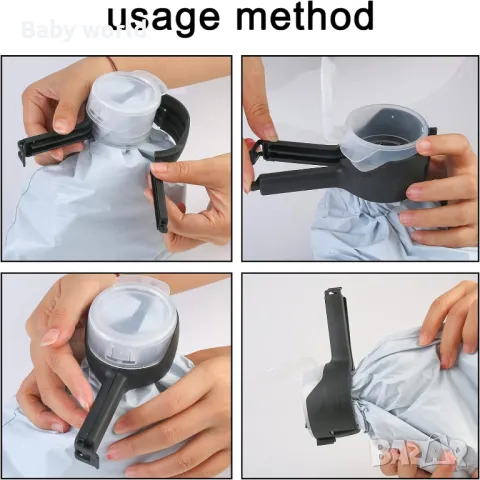 Кмплект от 5 броя пластмасови клипс за затваряне на торбички с отвор за сипване , снимка 2 - Аксесоари за кухня - 47643485