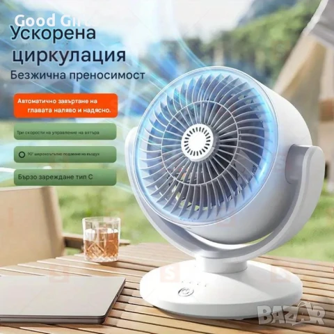 USB Безжичен вентилатор за въздушна циркулация – Ротация 360°, настолен/стенен монтаж, с осветление 