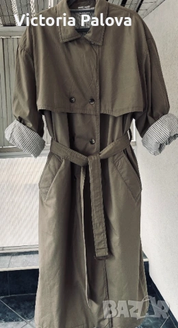 Модерен каки тренчкот с колан и цветна подплата - незаменим за пролетта, снимка 3 - Палта, манта - 53397220