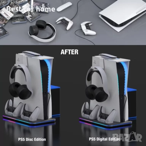 Охлаждаща стойка за Playstation 5 RGB с докинг станция за зареждане с два контролера , снимка 6 - Аксесоари - 52430922