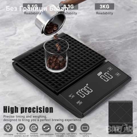 Нова Еспресо везна 0.1г точност 3кг таймер LED силиконова подложка кафе, снимка 3 - Други - 53744582