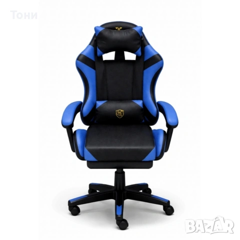 Ергономичен геймърски стол с масажна функция и поставка за крака – черно-син, снимка 5 - Столове - 53448885