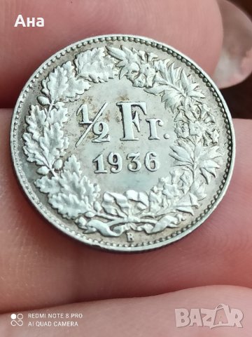 1/2 франк Швейцария 1936 г буква B рядка монета

, снимка 3 - Нумизматика и бонистика - 41677024
