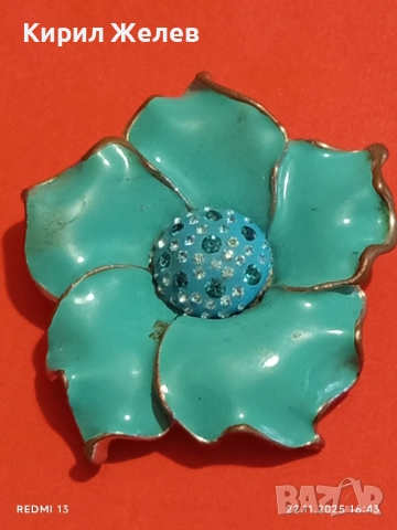 АРТ БРОШКА с ТЮРКОАЗЕНО ЕМАЙЛИРАНО ЦВЕТЕ и КРИСТАЛИ 28545, снимка 2 - Антикварни и старинни предмети - 52503904