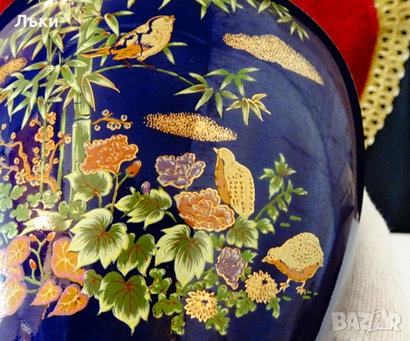 Урна,буркан,ваза,японски порцелан,злато,кобалт,яребици. , снимка 6 - Вази - 52135757