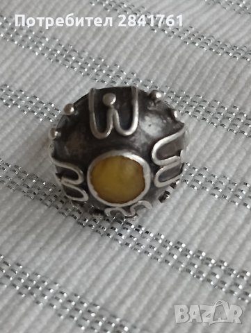 Антикварен сребърен пръстен с кехлибар, снимка 1 - Пръстени - 39463053