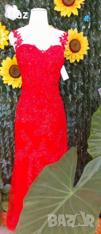 луксозна бална официална червена рокля с дантела русалка, снимка 3 - Рокли - 30404322