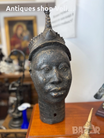 Африканско изкуство бронзова глава Бенин №7390 , снимка 3 - Антикварни и старинни предмети - 51880842