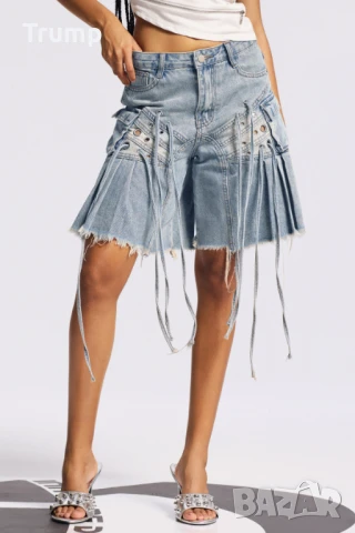 Хит!!! Дънки миди с ресни и волани светло синьо, деним, снимка 1