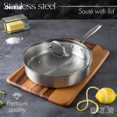 Тиган от неръждаема стомана nuovva със стъклен капак – индукционен котлон, незалепващ тиган – 28 см, снимка 8 - Съдове за готвене - 51168361