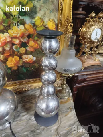 Месингов посребрен комплект лампа със свещници стил Арт Деко. Испанска ръчна изработка. Запазен е ет, снимка 5 - Настолни лампи - 48080875
