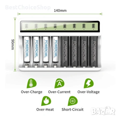 Зарядно устройство за 8 батерии Powerowl, Fast Charge с 8 слота за AA/AAA батерии, LCD дисплей, снимка 10 - Друга електроника - 53254024