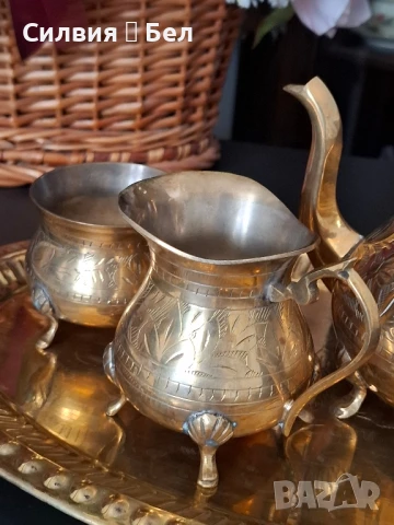 Месингов сервиз за кафе/чай – ръчно гравиран., снимка 6 - Антикварни и старинни предмети - 51009183