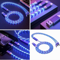  Универсален, светещ, троен кабел с накрайници, снимка 1 - USB кабели - 44922642