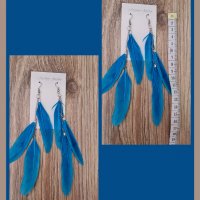 Висящи обеци от пера в синьо, снимка 1 - Обеци - 35851615