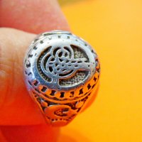 Уникално стар красив мъжки сребърен пръстен с тугра, тура полумесецът и звездата, турски пръстен, , снимка 3 - Пръстени - 38759062