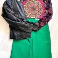 Елегантно кожено яке, авангардна пола в зелено Essentiel Antwerp и цветна арт блуза към полата , снимка 7 - Поли - 44483344