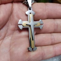 Солиден ланец с кръст сребърен, стомана цвят сребро и златен , снимка 2 - Колиета, медальони, синджири - 36013090