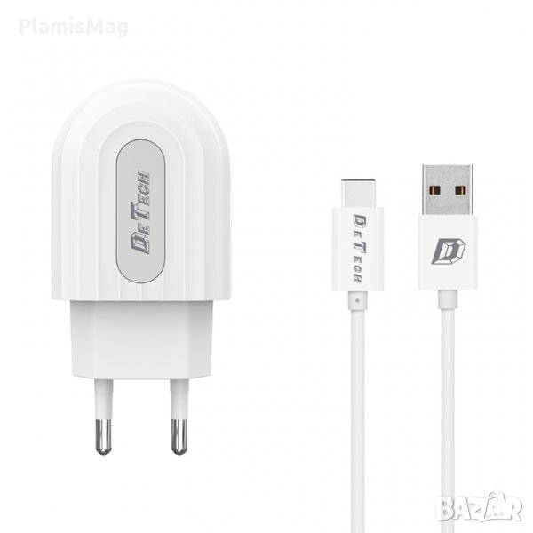 Мрежово зарядно устройство, DeTech, DE-28C, 5V/2.4A, 220V,1 x USB, С Type-C кабел, 1.0m, Бял , снимка 1