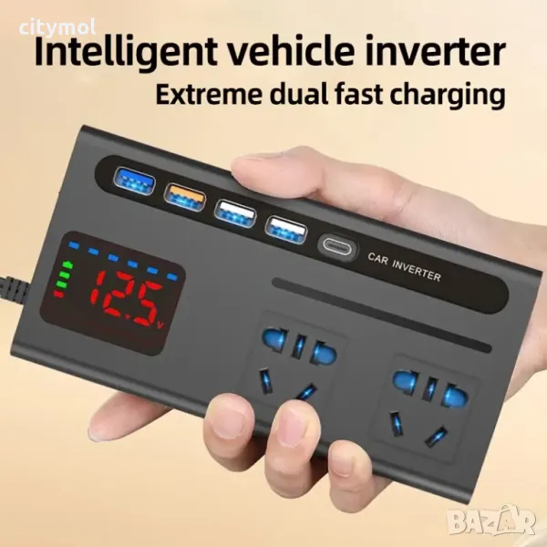 Инвертор преобразувател от 12/24 V на 220 V, 200W ,цифров дисплей, 4 x USB, Type C, QC 3.0, изход 12, снимка 1