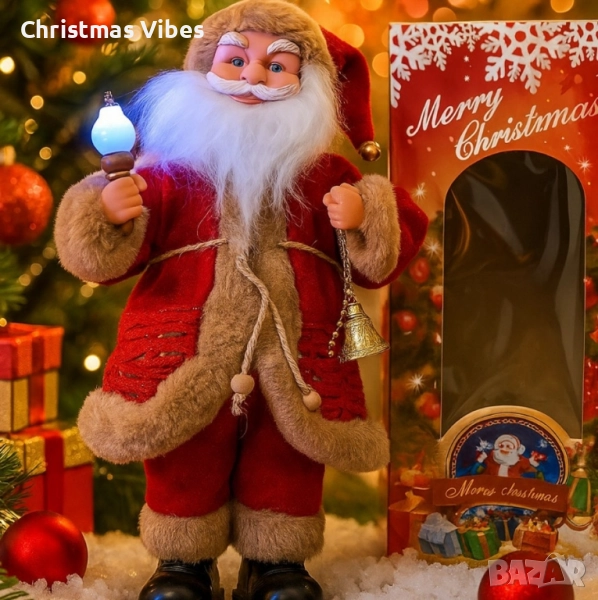 Декоративен музикален Дядо Коледа със светеща факла, на батерии. Височина: 40см., снимка 1