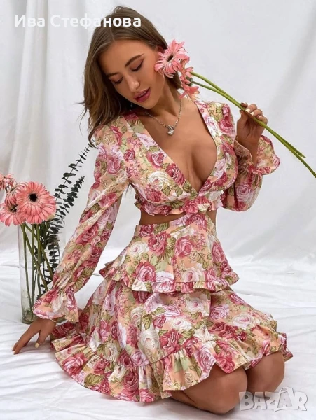 Нова разкошна елегантна рокля флорален принт цветя рязана в талията , снимка 1